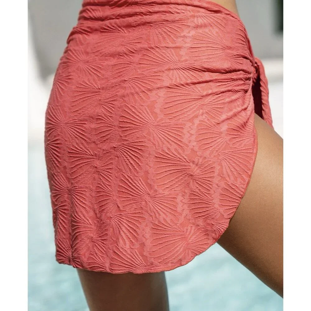 Berlook Red Textured Shells Wrap Cover Up Skirt Large Ruffled Midi Tie Side